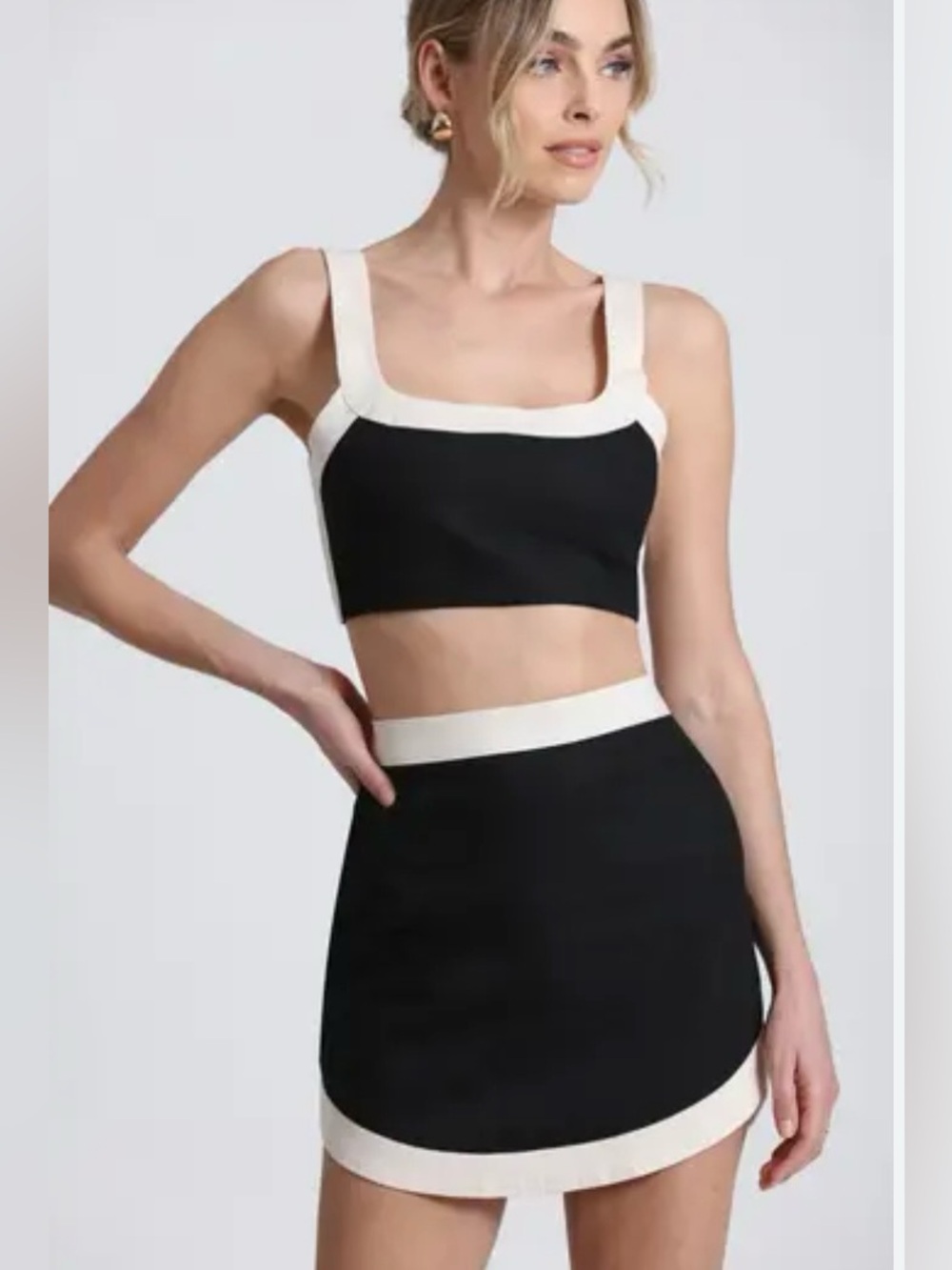 Black & Cream Contrast Crop Top and Mini Skirt Set